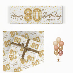 Personalised 80th Birthday matching wrapped gifts, banner and balloon bunch