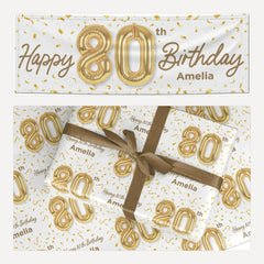 Personalised 80th Birthday matching wrapping paper and banner set