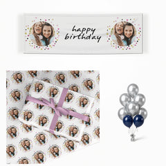 Personalised Birthday Confetti Photo matching wrapped gifts, banner and balloon bunch