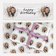 Personalised Birthday Confetti Photo matching wrapping paper and banner set