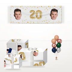 Personalised Birthday Photo Face matching wrapped gifts, banner and balloon bunch
