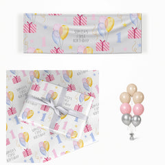 Personalised Girls First Birthday matching wrapped gifts, banner and balloon bunch