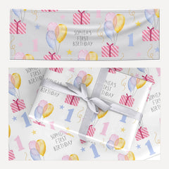 Personalised Girls First Birthday matching wrapping paper and banner set