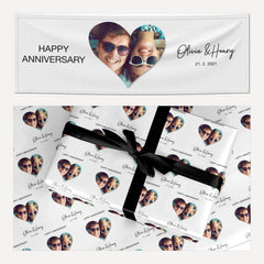 Personalised Happy Anniversary matching wrapping paper and banner set