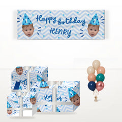 Personalised Happy Birthday Face matching wrapped gifts, banner and balloon bunch