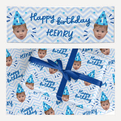 Personalised Happy Birthday Face matching wrapping paper and banner set