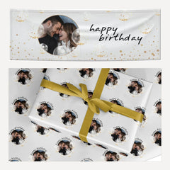 Personalised Happy Birthday Glitter Balloons matching wrapping paper and banner set