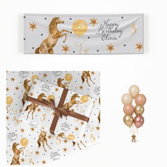 Personalised Horse Happy Birthday matching wrapped gifts, banner and balloon bunch