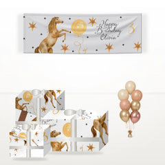 Personalised Horse Happy Birthday matching wrapped gifts, banner and balloon bunch