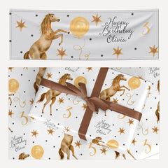 Personalised Horse Happy Birthday matching wrapping paper and banner set