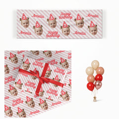 Personalised Photo Birthday Party Hat matching wrapped gifts, banner and balloon bunch