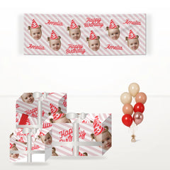 Personalised Photo Birthday Party Hat matching wrapped gifts, banner and balloon bunch