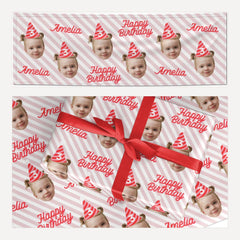Personalised Photo Birthday Party Hat matching wrapping paper and banner set