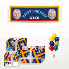 Personalised Photo Funny Oldi Birthday matching wrapped gifts, banner and balloon bunch