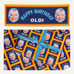 Personalised Photo Funny Oldi Birthday matching wrapping paper and banner set