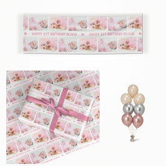 Personalised Pink 1st Birthday Print with Photo and Name matching wrapped gifts, banner and balloon bunch