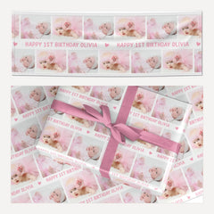 Personalised Pink 1st Birthday Print with Photo and Name matching wrapping paper and banner set