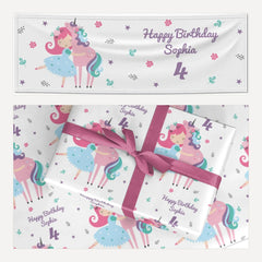 Personalised Unicorn Happy Birthday matching wrapping paper and banner set