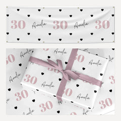 Personalised Womens Birthday Name and Age matching wrapping paper and banner set