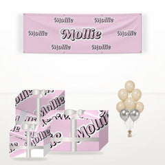 Pink Custom matching wrapped gifts, banner and balloon bunch