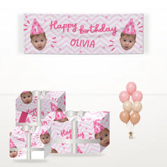 Pink Happy Birthday Personalised Face matching wrapped gifts, banner and balloon bunch