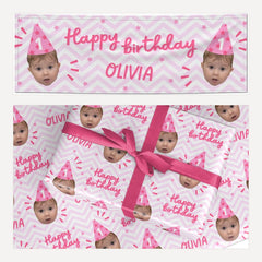 Pink Happy Birthday Personalised Face matching wrapping paper and banner set