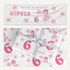 Pink Princess Personalised Birthday matching wrapping paper and banner set
