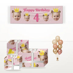 Princess Birthday Photo Face matching wrapped gifts, banner and balloon bunch
