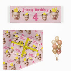 Princess Birthday Photo Face matching wrapped gifts, banner and balloon bunch
