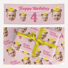 Princess Birthday Photo Face matching wrapping paper and banner set