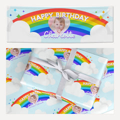 Rainbow Happy Birthday Personalised matching wrapping paper and banner set