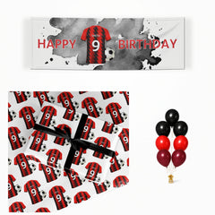Red and Black Stripes Personalised Football Shirt matching wrapped gifts, banner and balloon bunch