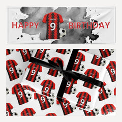 Red and Black Stripes Personalised Football Shirt matching wrapping paper and banner set