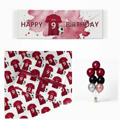 Red Personalised Football Shirt matching wrapped gifts, banner and balloon bunch