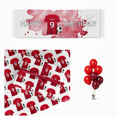 Red Personalised Football Shirt Name Number matching wrapped gifts, banner and balloon bunch