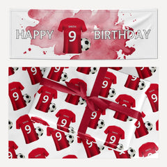 Red Personalised Football Shirt Name Number matching wrapping paper and banner set