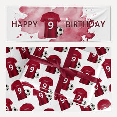 Red Personalised Football Shirt matching wrapping paper and banner set