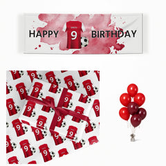 Red White Personalised Football Shirt matching wrapped gifts, banner and balloon bunch