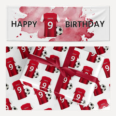 Red White Personalised Football Shirt matching wrapping paper and banner set