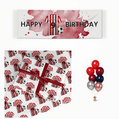 Red White Striped Personalised Football Shirt matching wrapped gifts, banner and balloon bunch