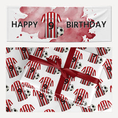 Red White Striped Personalised Football Shirt matching wrapping paper and banner set