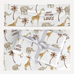 Safari Personalised Happy Birthday matching wrapping paper and banner set