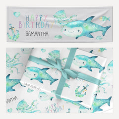 Sea Life Personalised Birthday matching wrapping paper and banner set