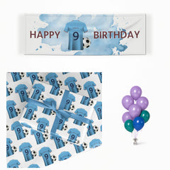 Sky Blue Personalised Football Shirt matching wrapped gifts, banner and balloon bunch