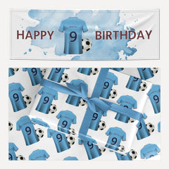 Sky Blue Personalised Football Shirt matching wrapping paper and banner set