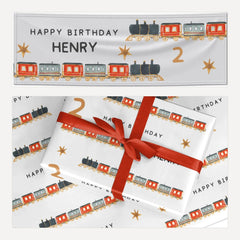 Train Personalised Happy Birthday matching wrapping paper and banner set