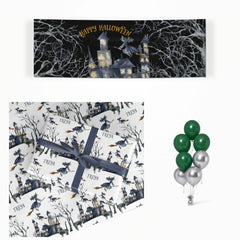 Treetop Halloween Witch matching wrapped gifts, banner and balloon bunch