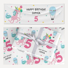 Unicorn Personalised Happy Birthday matching wrapping paper and banner set
