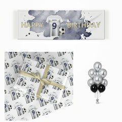 White Blue Personalised Football Shirt matching wrapped gifts, banner and balloon bunch