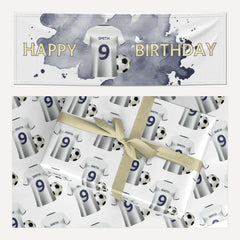 White Blue Personalised Football Shirt matching wrapping paper and banner set
